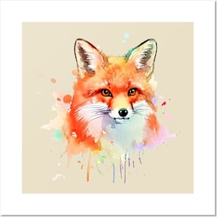 Vibrant Watercolor Fox Portrait - Artistic Wildlife Tee Posters and Art